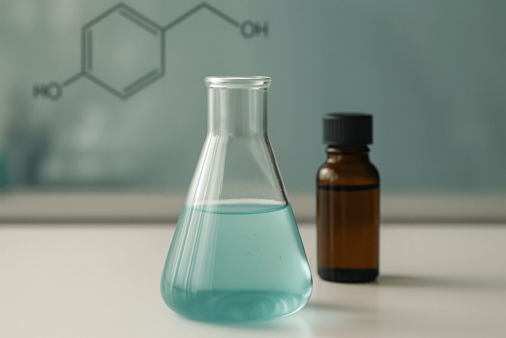 青い液体が入った三角フラスコと遮光瓶が並ぶ実験室のテーブル。背景に化学構造式が描かれた静かな雰囲気の写真。