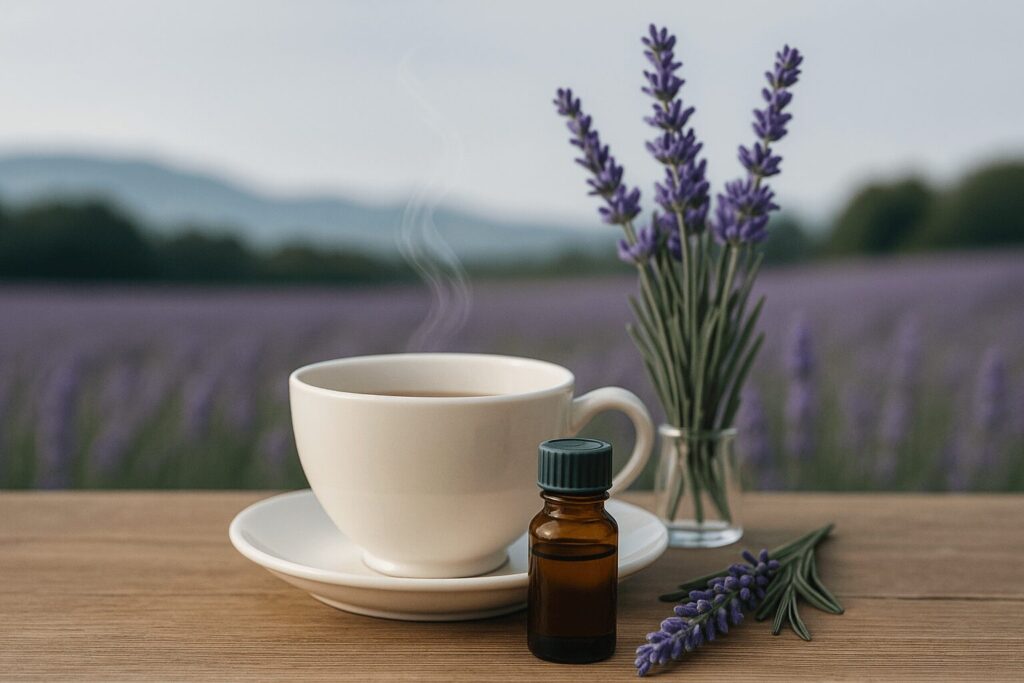 木製テーブルの上に湯気の立つ白いカップ、遮光瓶、ガラス瓶に入ったラベンダーが並び、背景にラベンダー畑が広がる穏やかな風景。