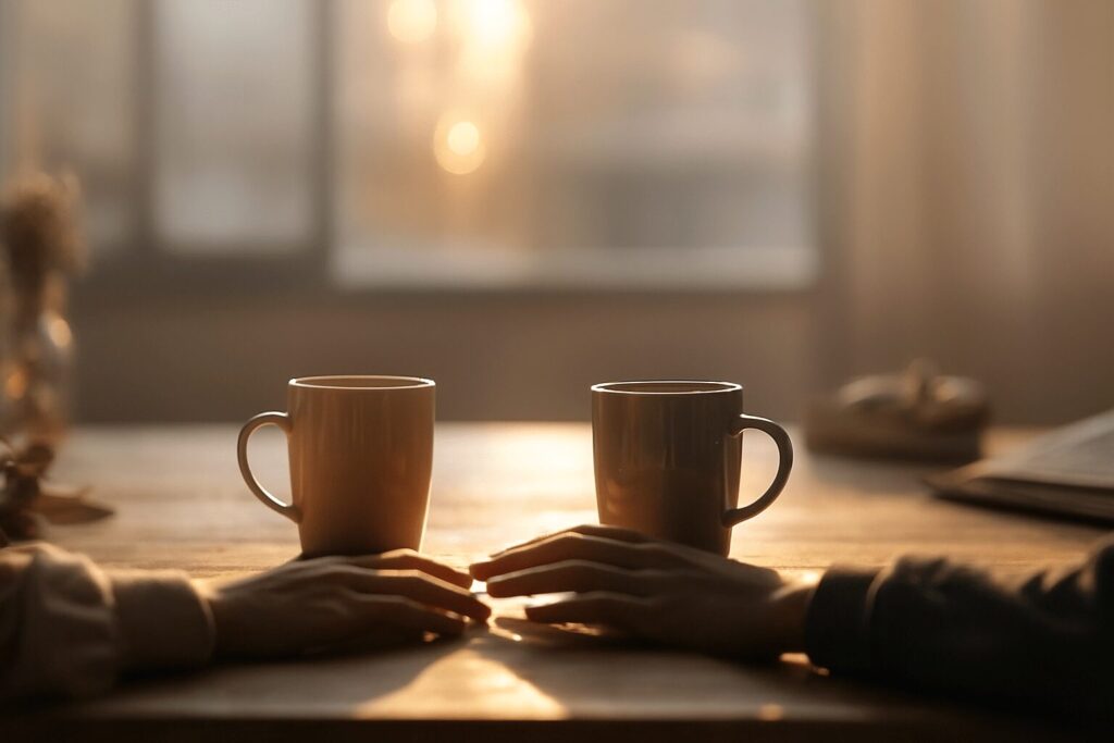 木製テーブルの上に置かれたキャンドルとカップと花瓶をぼんやりと写した写真。柔らかな光が差し込み、穏やかな愛と深い絆を象徴するような雰囲気のあるイメージ。