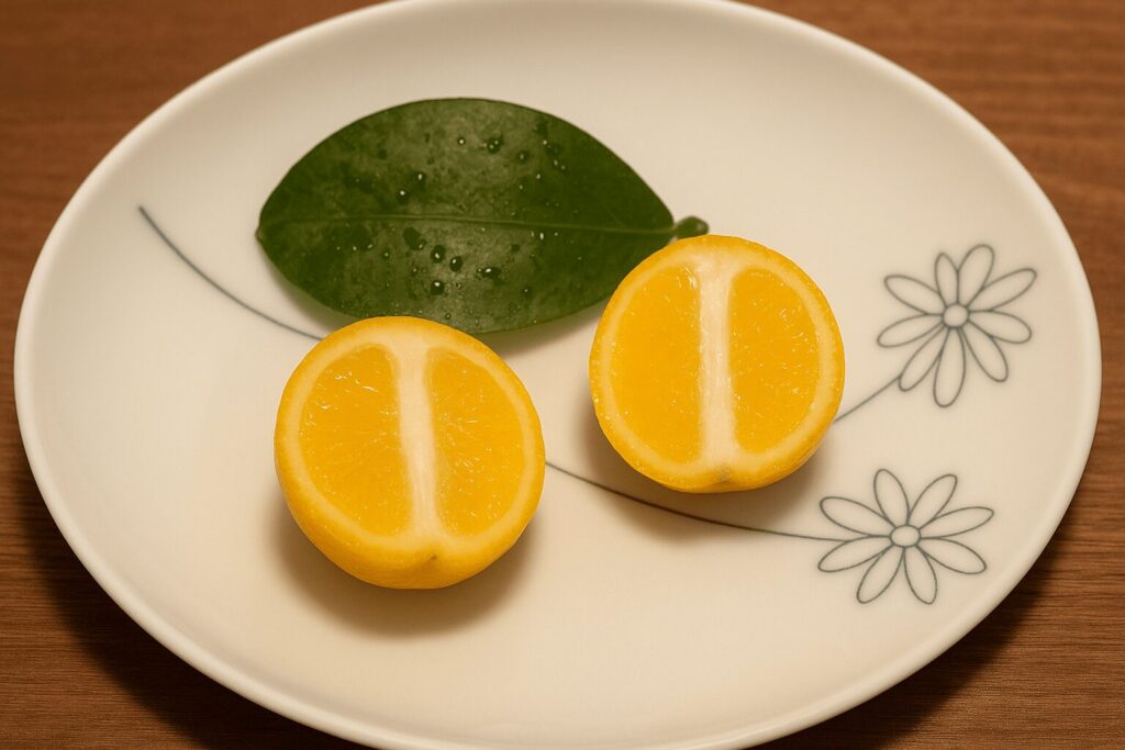 白い皿の上に置かれた、収穫したばかりのきんかんの断面と葉の写真
