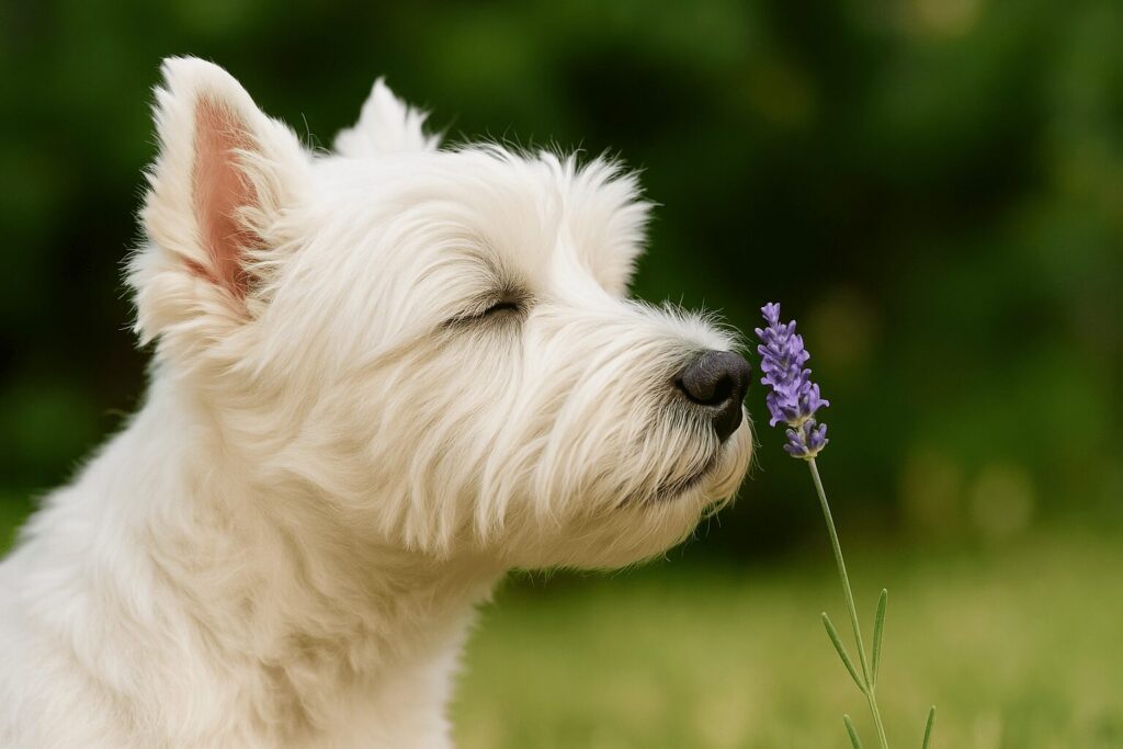 ラベンダーの花の香りを優しく嗅いでいるホワイトテリアの横向きショット。嗅覚で香りを楽しむ様子が分かるイメージ写真。
