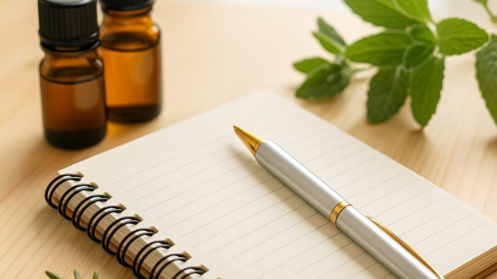 「アロマ精油とノートが並ぶ学びのイメージ写真