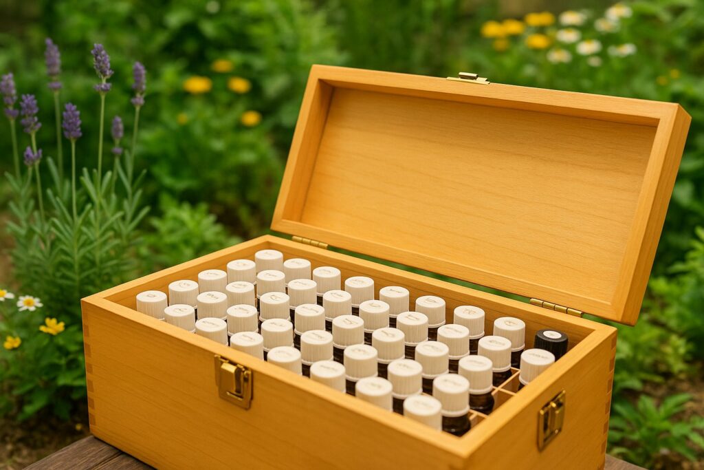 精油ボックスと緑の植物に囲まれた、穏やかな光の中のアロマシーン