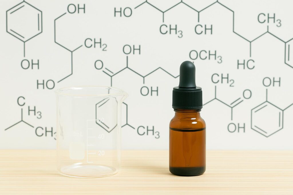 化学記号が描かれた黒板と精油瓶、ビーカーが並ぶ実験風景の写真