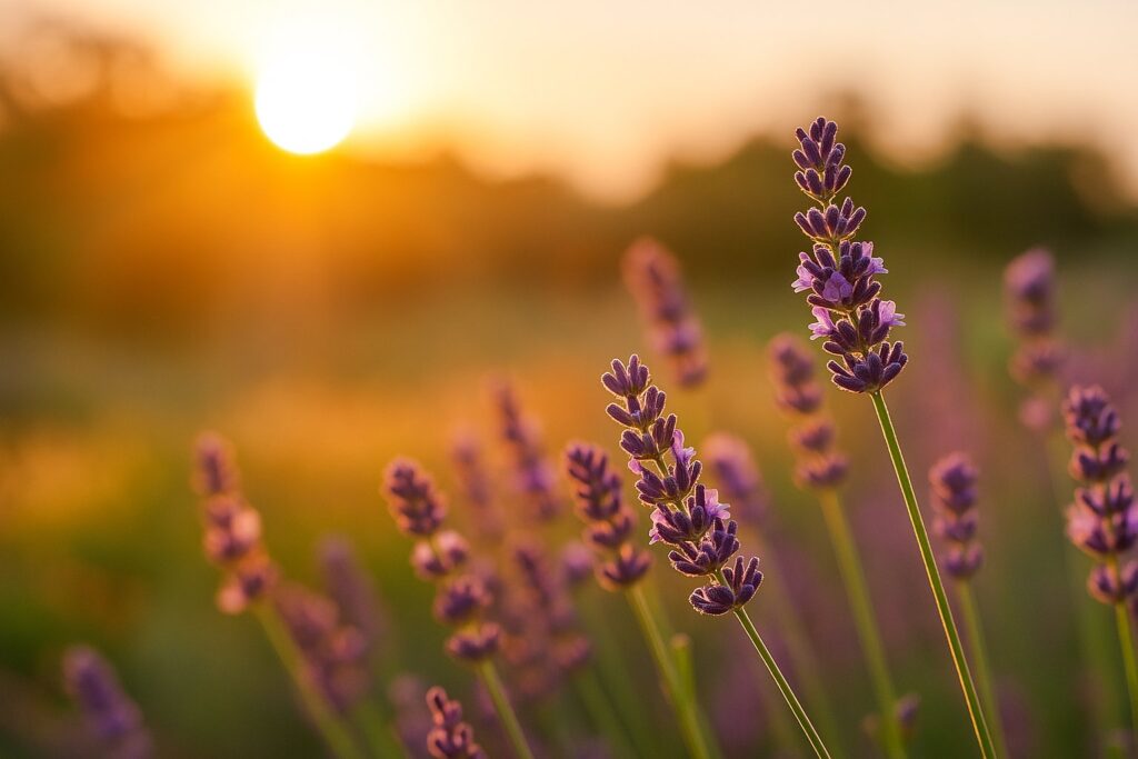 夕陽に照らされたラベンダーの花と、自然の癒しを感じる風景