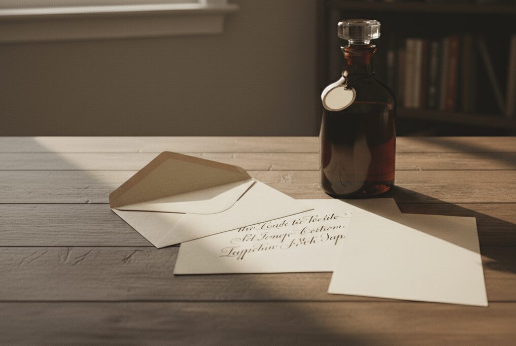 木のテーブルの上に封筒とカードが置かれ、横に琥珀色のボトルが並んでいる情緒的な静物写真