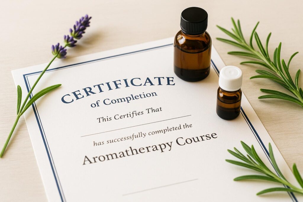 ディプロマと精油瓶と植物が並んだアロマ資格イメージ写真