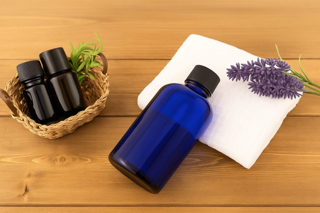 アロマテラピーとアロマセラピーの説明に添えるための、木製テーブルに並んだ遮光瓶とラベンダーの写真