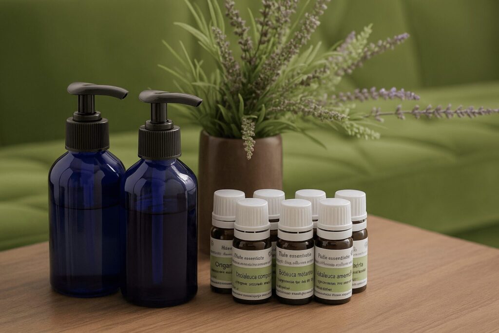 青いガラス製ポンプボトルとプラナロム精油、背景にハーブが写る横長の写真