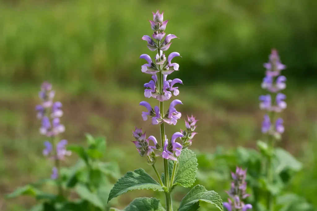 緑の葉と紫色の花を咲かせるクラリセージ(Salvia sclarea)の植物写真