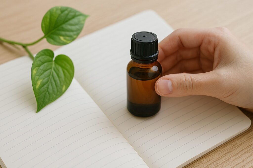 精油瓶とノート、葉を添えた手元のイメージ写真