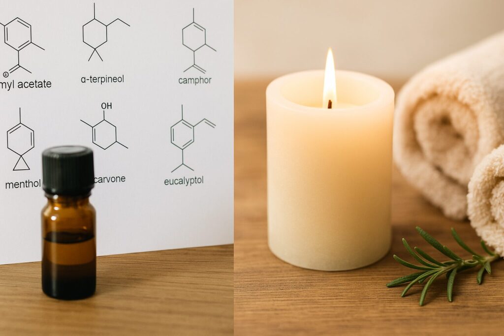 精油瓶と成分表、アロマキャンドルが対比するアロマ資格選びのイメージ|ナード(NARD)アロマテラピー協会とAEAJの違いを表現