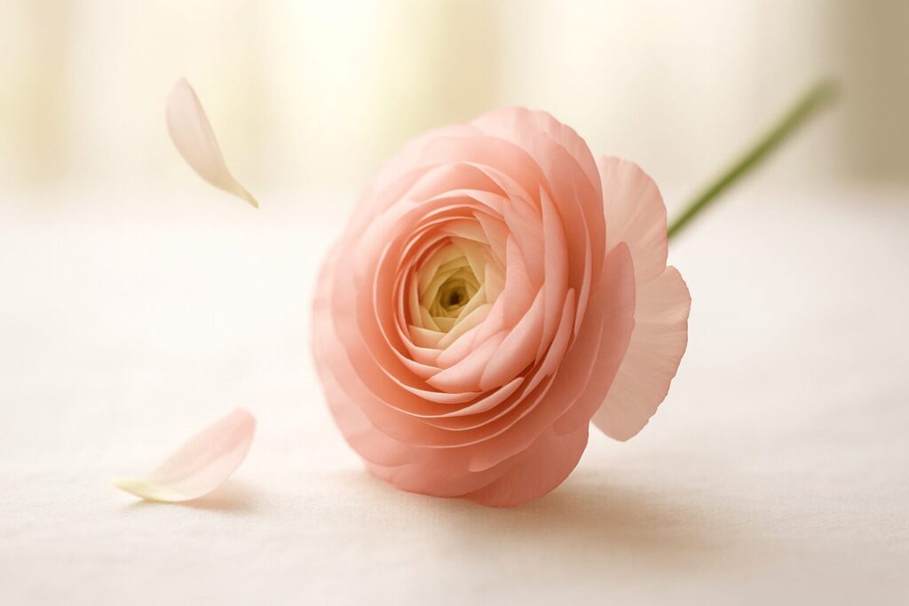 薄いピンクのラナンキュラスの花びらがそっと落ちる瞬間を写した柔らかな印象の横長写真