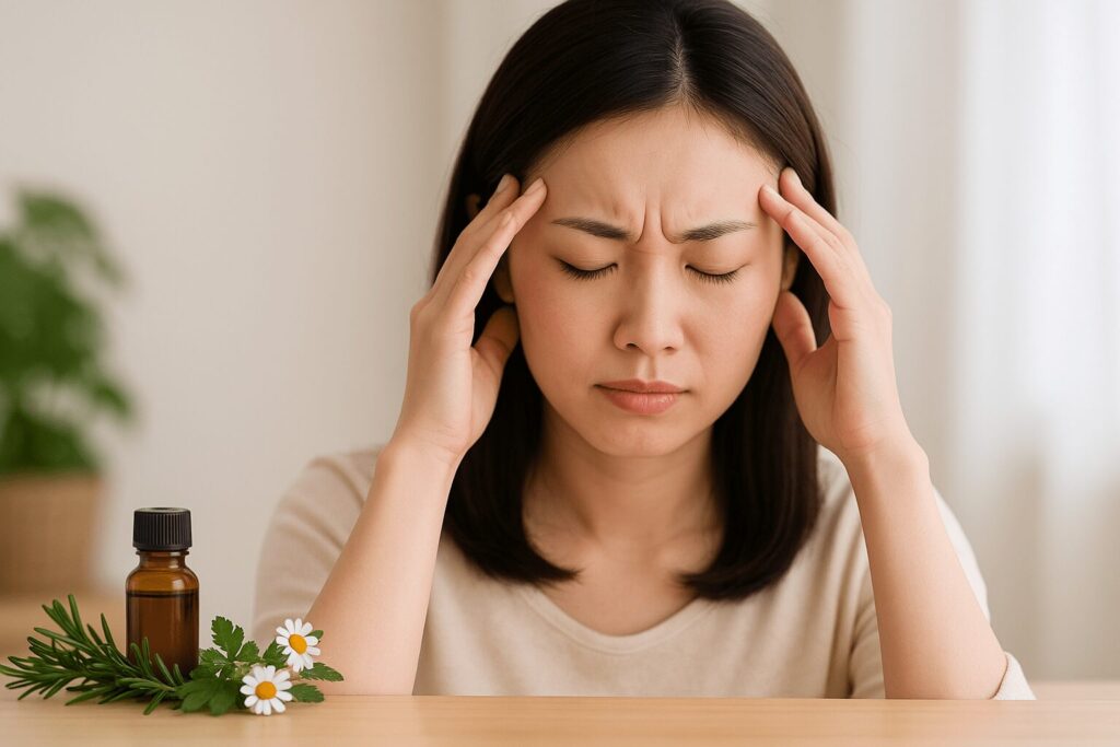 頭痛でこめかみに手を添える日本人女性と、精油瓶とハーブが置かれたテーブルの写真