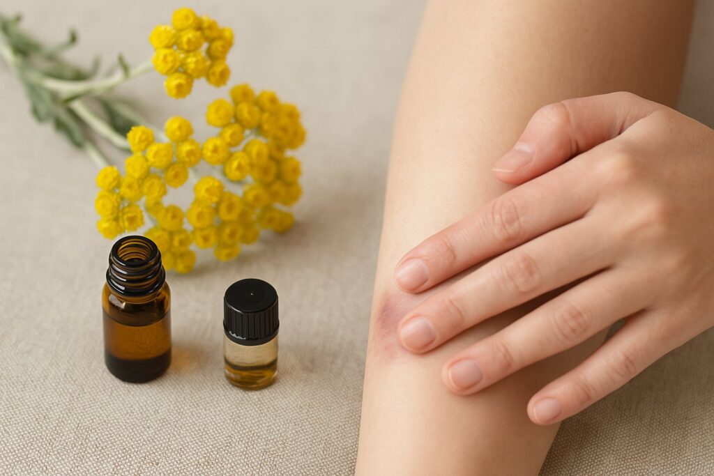ヘリクリサムの花と精油瓶、ひざの傷にそっと触れる手元の応急ケアシーン