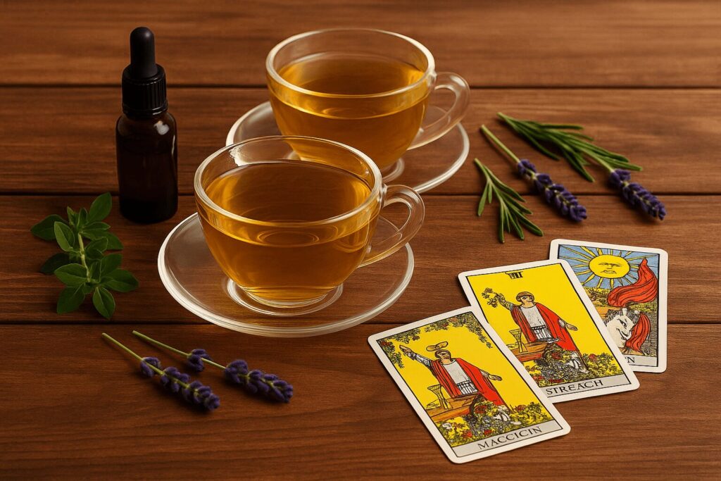 木製のブラウンテーブルの上に、透明なカップに入ったハーブティーが2つ、遮光瓶、数枚のタロットカード、ラベンダーやハーブの葉が並ぶ写真