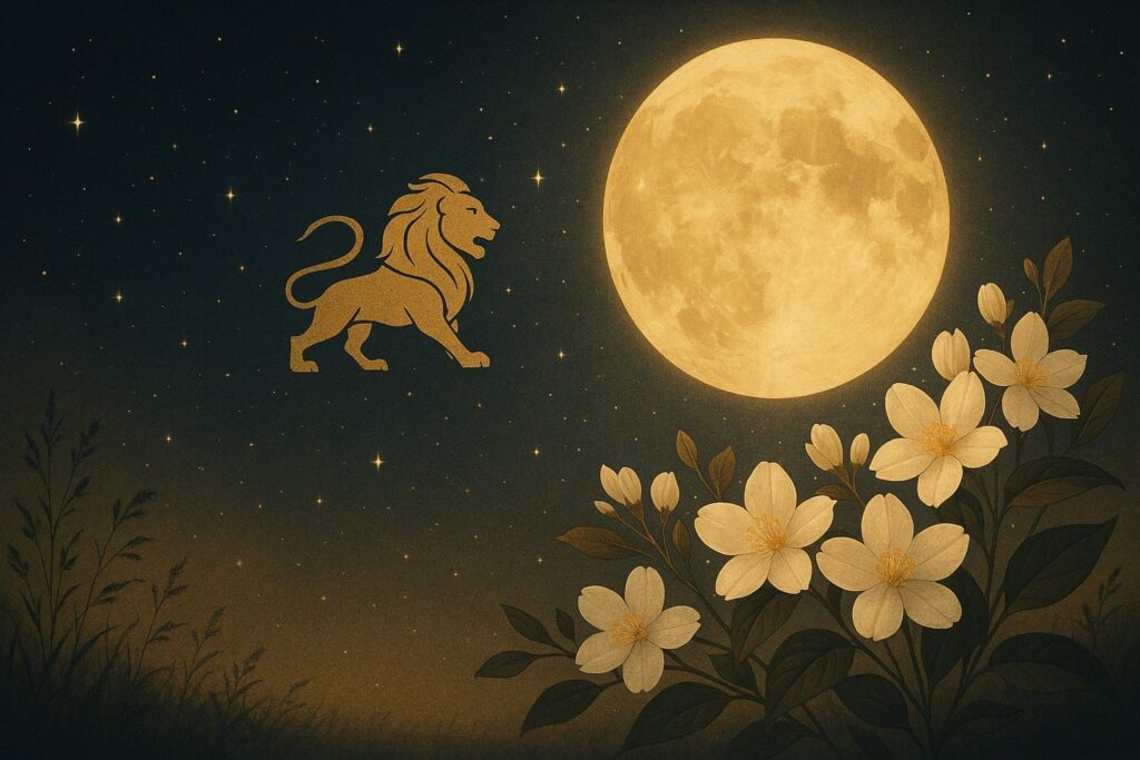 獅子座の満月とジャスミンの花が描かれた夜のイラスト。柔らかな金色の光と植物の世界観が調和した風ら花の星読み記事用の画像。