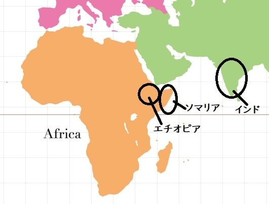 ミルラ精油の主な産地であるインド・ソマリア・エチオピアを示した地図