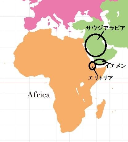 ミルラの原産地であるイエメン・サウジアラビア・エリトリアを示した地図