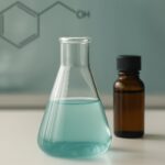 青い液体が入った三角フラスコと遮光瓶が並ぶ実験室のテーブル。背景に化学構造式が描かれた静かな雰囲気の写真。