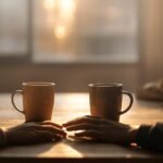 木製テーブルの上に置かれたキャンドルとカップと花瓶をぼんやりと写した写真。柔らかな光が差し込み、穏やかな愛と深い絆を象徴するような雰囲気のあるイメージ。