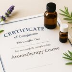 ディプロマと精油瓶と植物が並んだアロマ資格イメージ写真