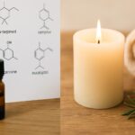 精油瓶と成分表、アロマキャンドルが対比するアロマ資格選びのイメージ｜ナード（NARD）アロマテラピー協会とAEAJの違いを表現