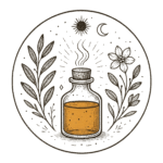 風ら花のロゴ的イラスト：精油瓶と植物を繊細な線で描いた円形のエンブレム
