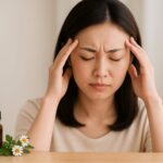 頭痛でこめかみに手を添える日本人女性と、精油瓶とハーブが置かれたテーブルの写真