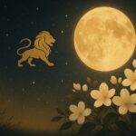 獅子座の満月とジャスミンの花が描かれた夜のイラスト。柔らかな金色の光と植物の世界観が調和した風ら花の星読み記事用の画像。