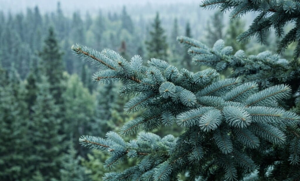 ブラックスプルース(Picea mariana)の枝と針葉樹の森の風景