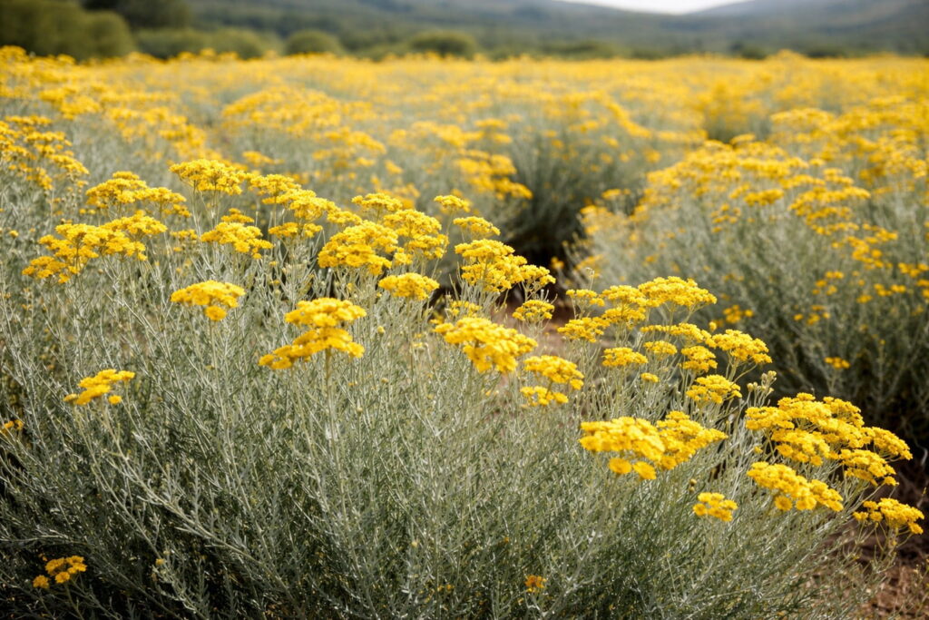 ヘリクリサム・イタリカムの黄色い花が群生する畑の様子