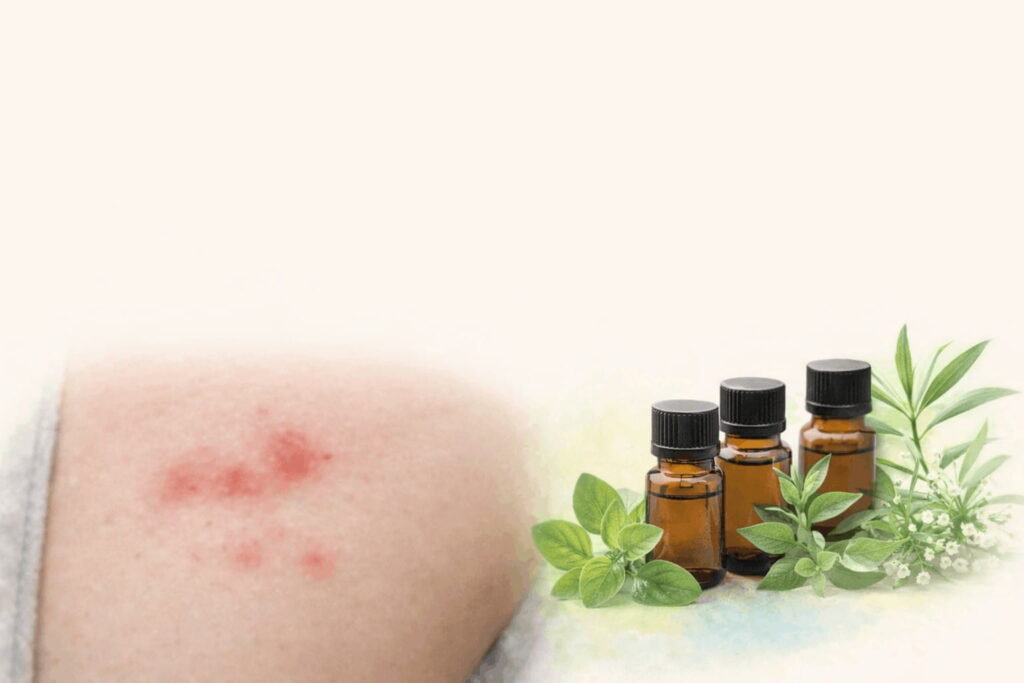 帯状疱疹のアロマケアをイメージした精油ボトルとハーブのイメージ
