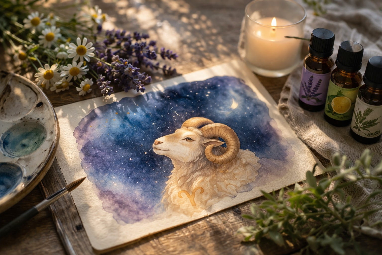 牡羊座の新月をイメージした羊の水彩画と精油やハーブが並ぶナチュラルな雰囲気のイメージ