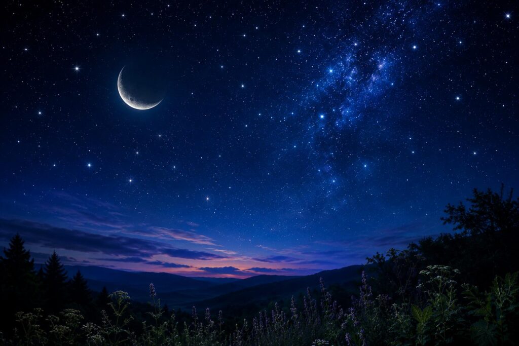 月と満天の星が輝く夜空と、植物が静かに広がる幻想的な風景。占星術と自然とのつながりをイメージした画像。