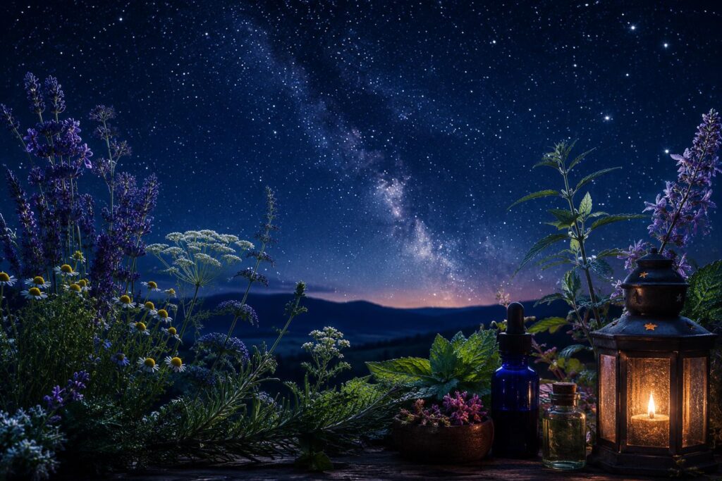 メディカルアロマと占星術の関係をイメージした、星空とハーブが広がる幻想的な風景。