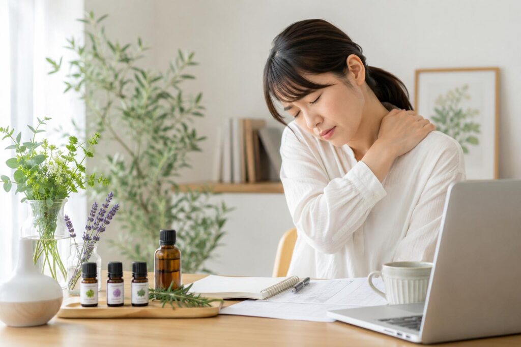 デスクワークによる肩こりに悩む女性が首に手を当て、精油を活用したメディカルアロマケアをイメージした画像
