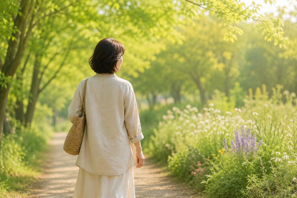 自然の中を穏やかに歩く女性。更年期との向き合い方をイメージした写真